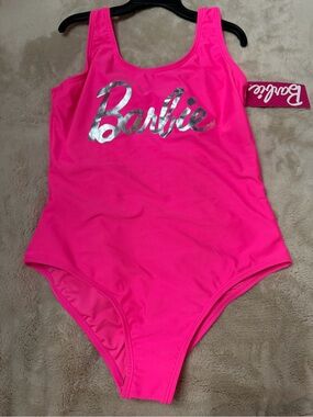 Barbie Hot Pink One-Piece Swimsuit with Silver Script Logo Sz 10/12